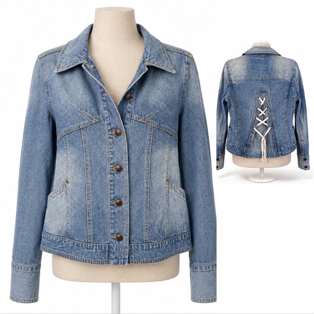 Vintage Y2K Corset Back Denim Jacket Size 12 Blue Lace Up Indie Boho Festival